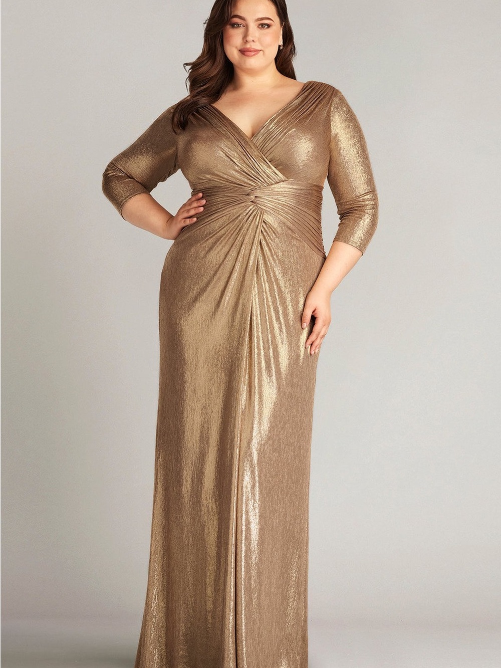 Tadashi Shoji Ryah Metallic Twist Draped Gow- Plus Size